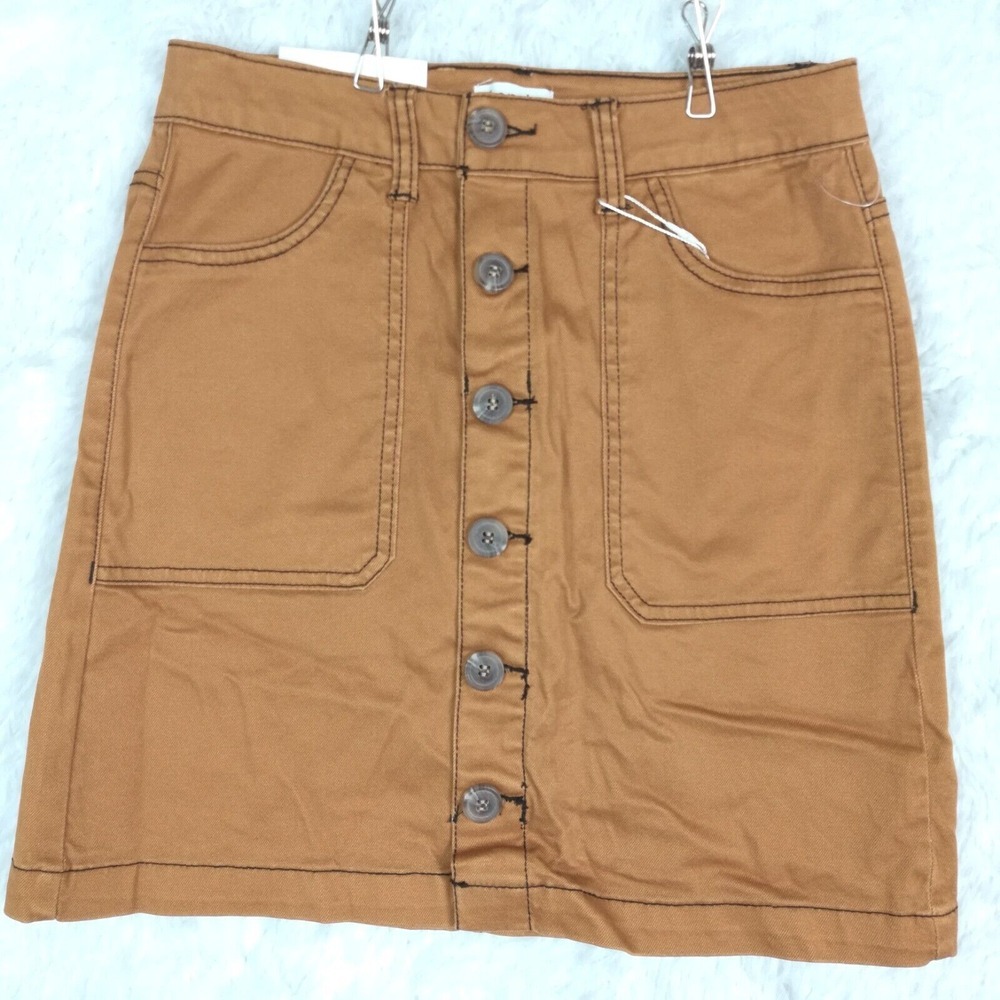 Kensie Jeans‎ Skirt Womens Mini Denim Button Front Camel Cargo Pockets 2 New